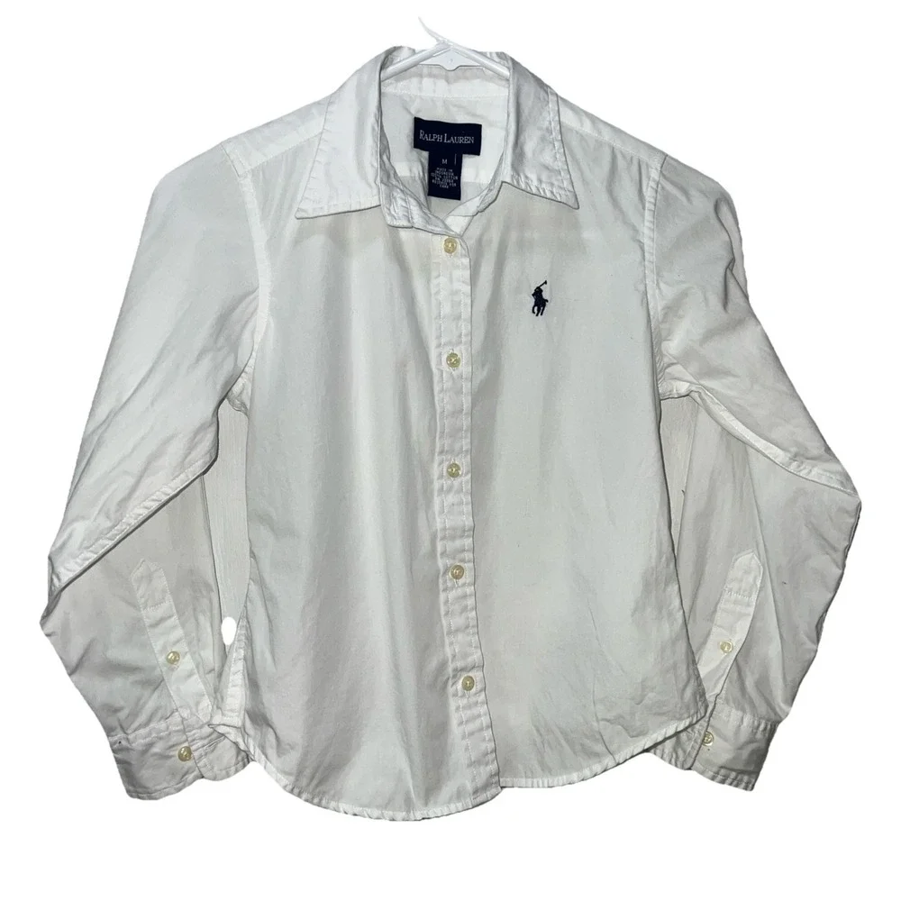 Ralph Lauren Boy's White Button Collared L/S Pony Embroidered Shirt M 10-12